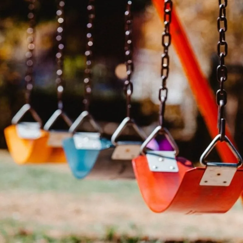 Des balançoires colorées suspendues dans un parc, illustrant un espace de jeu accueillant et joyeux pour les enfants.